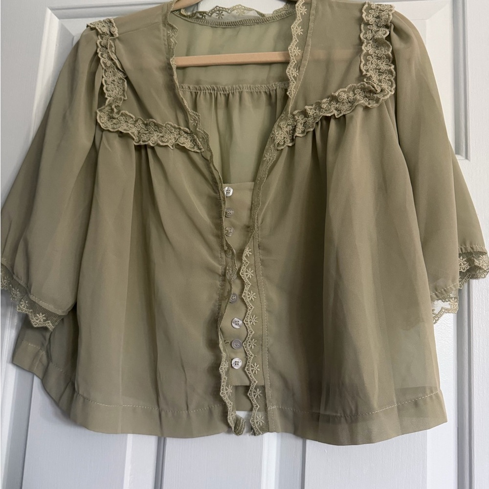 Elegant Lace Trim sheer Blouse - Olive